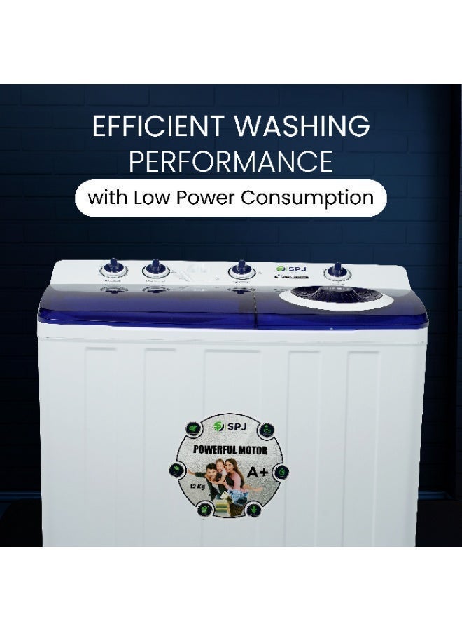 SPJ 12kg Semi Automatic Washing Machine Twin Tub, Top Load, Powerful Wash & Spin Dryer, Transparent Lid, Energy Saving – White - Image 3